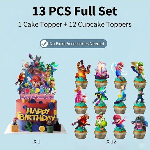 13Pcs Cute Mario Happy Birthday Cake Toppers Set with 12Pcs Cupcake Toppers, 1Pcs Happy Birthday Cake Topper, Cartoon Themed Birthday Party Supplies for Girls and Boys in Saudi Arabia