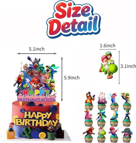 13Pcs Cute Mario Happy Birthday Cake Toppers Set with 12Pcs Cupcake Toppers, 1Pcs Happy Birthday Cake Topper, Cartoon Themed Birthday Party Supplies for Girls and Boys in Saudi Arabia