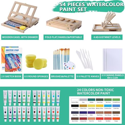 54 Pieces Watercolor Paint Set with Tabletop Easel, Complete Starter Painting Art Supplies with Watercolor Paints, Canvases, Sketch Pads, Brushes and Palette for Beginners Young Artists and Adults in Saudi Arabia