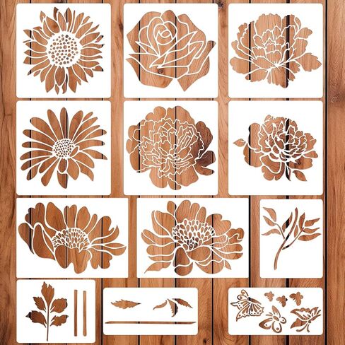 12PCS Large Reusable Flower Stencils for Painting - 11.8x11.8 Inch DIY Art Stencils for Wood, Walls, Furniture, Fabric, Garden Decor (Multiple Floral Designs Including Sunflower, Daisy, Butterfly) in Saudi Arabia