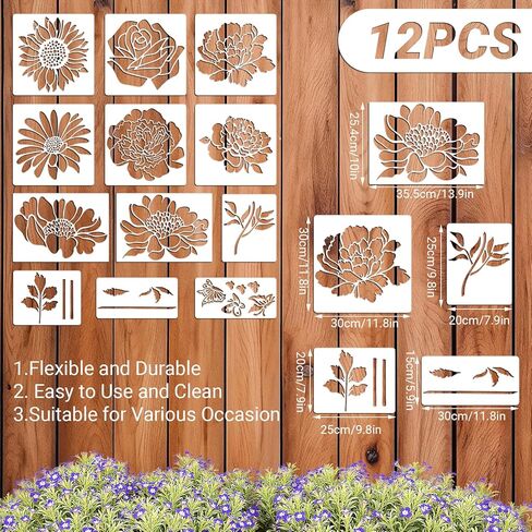 12PCS Large Reusable Flower Stencils for Painting - 11.8x11.8 Inch DIY Art Stencils for Wood, Walls, Furniture, Fabric, Garden Decor (Multiple Floral Designs Including Sunflower, Daisy, Butterfly) in Saudi Arabia