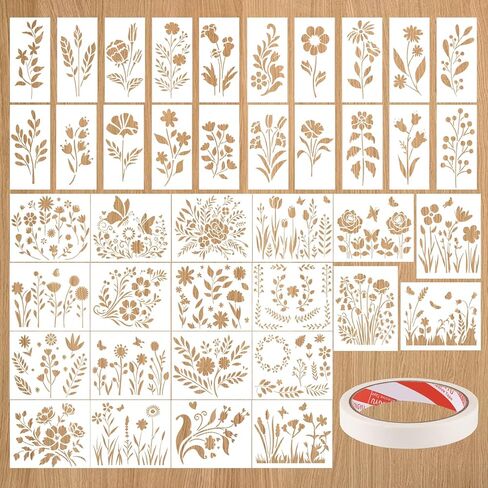 WSICSE 40 Pieces Flower Stencils for Painting, Reusable 40 Floral Designs Stencils for Drawing on Wall Decor Wood Rocks Canvas Fabric DIY Scrapbook Card Glass Pottery (3×6 & 4.7×6 Inch) in Kuwait