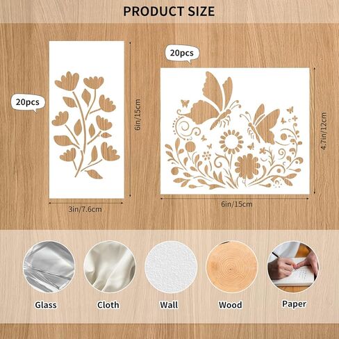 WSICSE 40 Pieces Flower Stencils for Painting, Reusable 40 Floral Designs Stencils for Drawing on Wall Decor Wood Rocks Canvas Fabric DIY Scrapbook Card Glass Pottery (3×6 & 4.7×6 Inch) in Kuwait