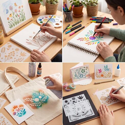WSICSE 40 Pieces Flower Stencils for Painting, Reusable 40 Floral Designs Stencils for Drawing on Wall Decor Wood Rocks Canvas Fabric DIY Scrapbook Card Glass Pottery (3×6 & 4.7×6 Inch) in Kuwait