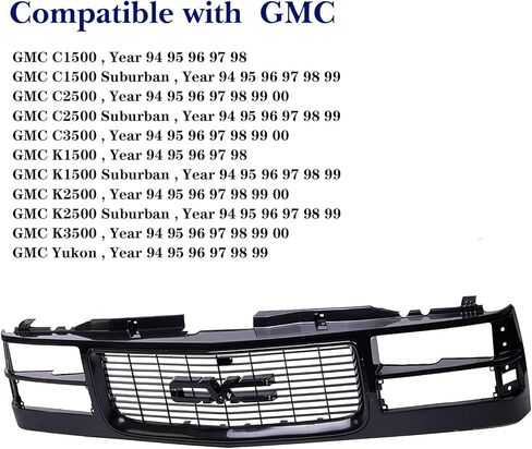 شبكة أمامية مزودة بغطاء أسود وإدراج أسود متوافق مع 1994-2000 GMC C/K 1500 2500 3500 Yukon مع نوع المصابيح الأمامية المركبة in Saudi Arabia