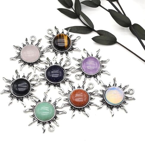 LHJ 10 Pcs Healing Crystal Pendants Sun Shining Shape Natural Gemstone Vintage Charms for Jewelry Making Necklace Gift in Kuwait