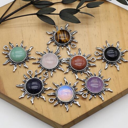 LHJ 10 Pcs Healing Crystal Pendants Sun Shining Shape Natural Gemstone Vintage Charms for Jewelry Making Necklace Gift in Kuwait