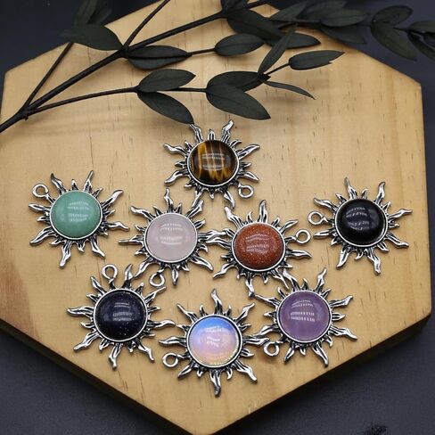 LHJ 10 Pcs Healing Crystal Pendants Sun Shining Shape Natural Gemstone Vintage Charms for Jewelry Making Necklace Gift in Kuwait