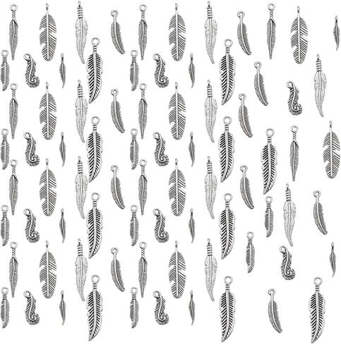 80PCS Feather Charms for Jewelry Making, 8 Styles Antique Silver Feather Charms Pendants Tibetan Style Metal Charm for Dreamer Catcher Earring Necklace Bracelet Native in Kuwait