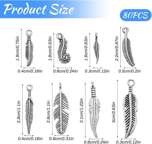 80PCS Feather Charms for Jewelry Making, 8 Styles Antique Silver Feather Charms Pendants Tibetan Style Metal Charm for Dreamer Catcher Earring Necklace Bracelet Native in Kuwait