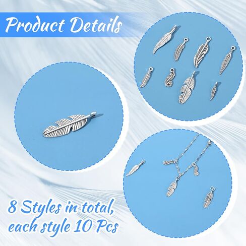 80PCS Feather Charms for Jewelry Making, 8 Styles Antique Silver Feather Charms Pendants Tibetan Style Metal Charm for Dreamer Catcher Earring Necklace Bracelet Native in Kuwait