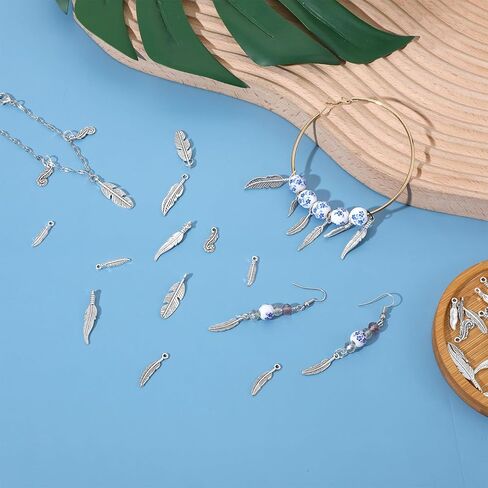 80PCS Feather Charms for Jewelry Making, 8 Styles Antique Silver Feather Charms Pendants Tibetan Style Metal Charm for Dreamer Catcher Earring Necklace Bracelet Native in Kuwait