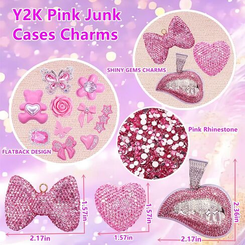 Pink Junk Case Charms Kit,Junks Phone Cases,Large Charm Kit with 3D Rhinestone Cool teeth / lips / Bows / Chain Bags / Hearts / Cross / Flowers,Big Charms for Customizing DIY Cases,Flatback Rhinestone for Customizing DIY Craft Accessories in Saudi Arabia