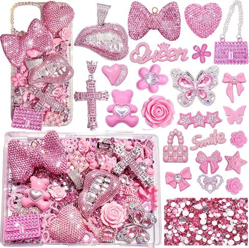 Pink Junk Case Charms Kit,Junks Phone Cases,Large Charm Kit with 3D Rhinestone Cool teeth / lips / Bows / Chain Bags / Hearts / Cross / Flowers,Big Charms for Customizing DIY Cases,Flatback Rhinestone for Customizing DIY Craft Accessories in Saudi Arabia