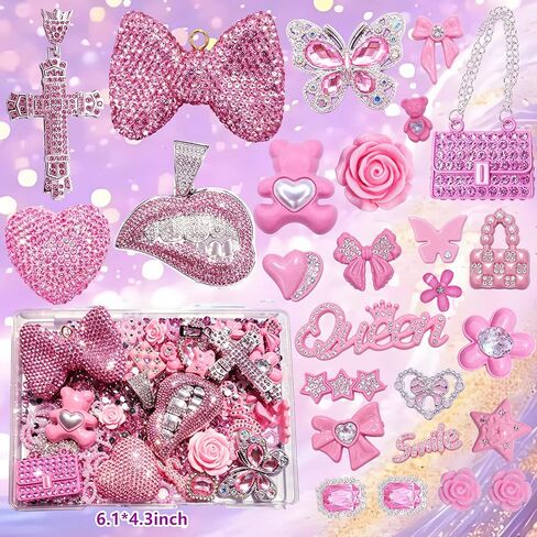 Pink Junk Case Charms Kit,Junks Phone Cases,Large Charm Kit with 3D Rhinestone Cool teeth / lips / Bows / Chain Bags / Hearts / Cross / Flowers,Big Charms for Customizing DIY Cases,Flatback Rhinestone for Customizing DIY Craft Accessories in Saudi Arabia