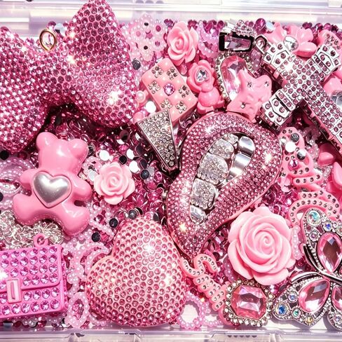 Pink Junk Case Charms Kit,Junks Phone Cases,Large Charm Kit with 3D Rhinestone Cool teeth / lips / Bows / Chain Bags / Hearts / Cross / Flowers,Big Charms for Customizing DIY Cases,Flatback Rhinestone for Customizing DIY Craft Accessories in Saudi Arabia