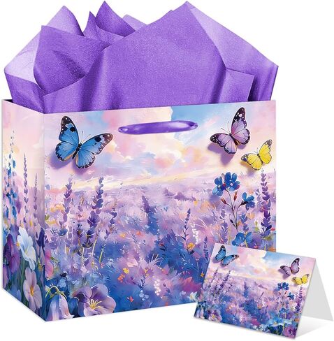 YXYASR Impressionist Butterfly Gift Bag with Greeting Card & Purple Tissue Paper - Large Floral Lavender Flower Field Gift Wrap for Mother’s Day, Birthday, Bridal Shower, Wedding & Get Well Soon in Kuwait