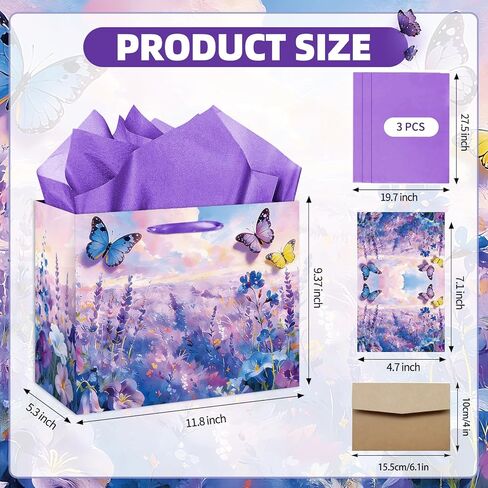 YXYASR Impressionist Butterfly Gift Bag with Greeting Card & Purple Tissue Paper - Large Floral Lavender Flower Field Gift Wrap for Mother’s Day, Birthday, Bridal Shower, Wedding & Get Well Soon in Kuwait