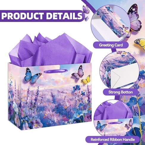 YXYASR Impressionist Butterfly Gift Bag with Greeting Card & Purple Tissue Paper - Large Floral Lavender Flower Field Gift Wrap for Mother’s Day, Birthday, Bridal Shower, Wedding & Get Well Soon in Kuwait