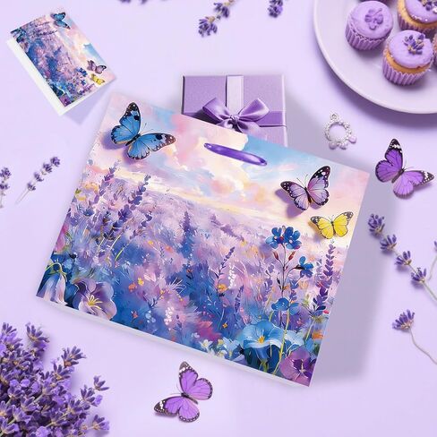 YXYASR Impressionist Butterfly Gift Bag with Greeting Card & Purple Tissue Paper - Large Floral Lavender Flower Field Gift Wrap for Mother’s Day, Birthday, Bridal Shower, Wedding & Get Well Soon in Kuwait