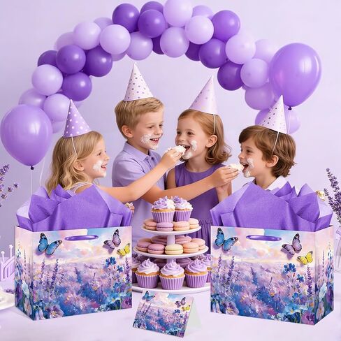 YXYASR Impressionist Butterfly Gift Bag with Greeting Card & Purple Tissue Paper - Large Floral Lavender Flower Field Gift Wrap for Mother’s Day, Birthday, Bridal Shower, Wedding & Get Well Soon in Kuwait