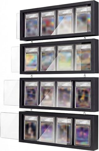 Yinkin Graded Sports Card Display Frame, 4 Pack PSA Trading Card Display Case Wall Mount, UV Protection Wood Baseball Basketball Football Hockey Cards Shelf with Clear View for Collection, Black in Kuwait