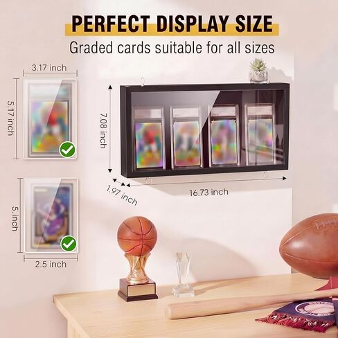 Yinkin Graded Sports Card Display Frame, 4 Pack PSA Trading Card Display Case Wall Mount, UV Protection Wood Baseball Basketball Football Hockey Cards Shelf with Clear View for Collection, Black in Kuwait