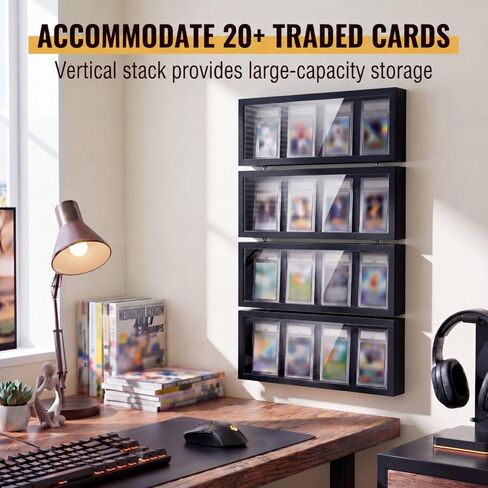 Yinkin Graded Sports Card Display Frame, 4 Pack PSA Trading Card Display Case Wall Mount, UV Protection Wood Baseball Basketball Football Hockey Cards Shelf with Clear View for Collection, Black in Kuwait
