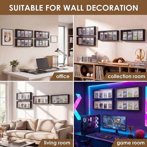 Yinkin Graded Sports Card Display Frame, 4 Pack PSA Trading Card Display Case Wall Mount, UV Protection Wood Baseball Basketball Football Hockey Cards Shelf with Clear View for Collection, Black in Kuwait