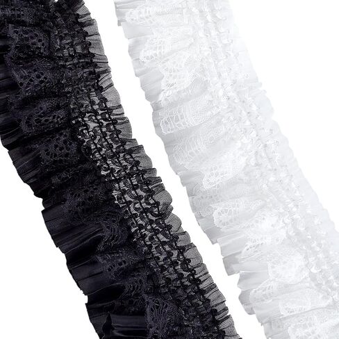AHANDMAKER 10 Yards Gorgeous Elastic Ruffle Trim 2-Layer Flower Pleated Lace Ribbon 3 inch Wide Stretchy Edge for Sewing DIY Extend Dress Cuff Blouse Fabric Triming (Black, White) in Kuwait