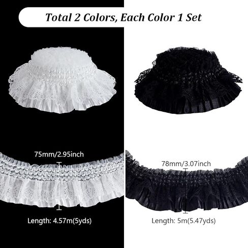 AHANDMAKER 10 Yards Gorgeous Elastic Ruffle Trim 2-Layer Flower Pleated Lace Ribbon 3 inch Wide Stretchy Edge for Sewing DIY Extend Dress Cuff Blouse Fabric Triming (Black, White) in Kuwait