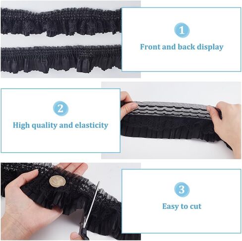 AHANDMAKER 10 Yards Gorgeous Elastic Ruffle Trim 2-Layer Flower Pleated Lace Ribbon 3 inch Wide Stretchy Edge for Sewing DIY Extend Dress Cuff Blouse Fabric Triming (Black, White) in Kuwait