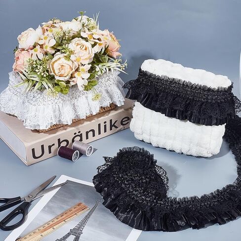 AHANDMAKER 10 Yards Gorgeous Elastic Ruffle Trim 2-Layer Flower Pleated Lace Ribbon 3 inch Wide Stretchy Edge for Sewing DIY Extend Dress Cuff Blouse Fabric Triming (Black, White) in Kuwait