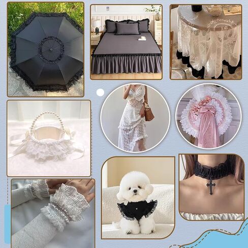 AHANDMAKER 10 Yards Gorgeous Elastic Ruffle Trim 2-Layer Flower Pleated Lace Ribbon 3 inch Wide Stretchy Edge for Sewing DIY Extend Dress Cuff Blouse Fabric Triming (Black, White) in Kuwait