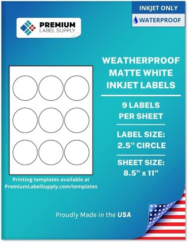 Premium Label Supply Waterproof Matte White Sticker Round Labels – 2.5" Circle – Inkjet Printers Only – (9 per Sheet), 25 Sheets - 225 Total Adhesive Labels in Kuwait