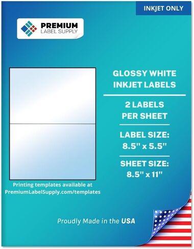 ملصقات لاصقة بيضاء لامعة من Premium Label Supply - 8.5 بوصة × 5.5 بوصة - (2 لكل ورقة) (أبيض لامع لليزر فقط، 20 ملصقًا) in Kuwait