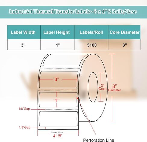 Industrial Thermal Transfer Labels 3x1 for Barcode Shipping, Ribbon Required, 3 Inch Core, 2 Rolls/Case 5100 per Roll, Perforated, Compatible with Thermal Transfer Printers in Saudi Arabia