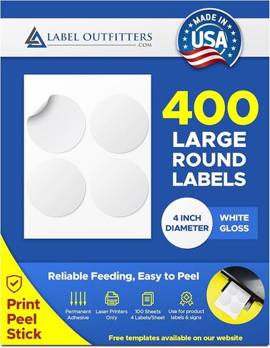High Glossy Laser White 4" Diameter Circular Labels w/Permanent Adhesive – 4 Per Sheet – 100 Sheets in Saudi Arabia