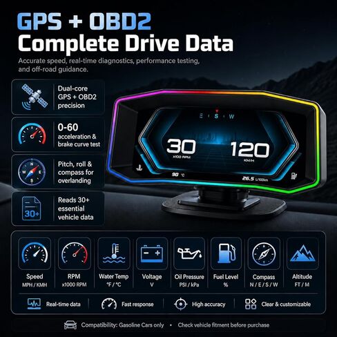 OBD2 Gauge Display 6.2" HD GPS Speedometer Head up Display Multi-Function Meter with Error Code Reader 0-100mph Performance Test, Inclinometer Compass for Gasoline Cars (2004+) in Kuwait