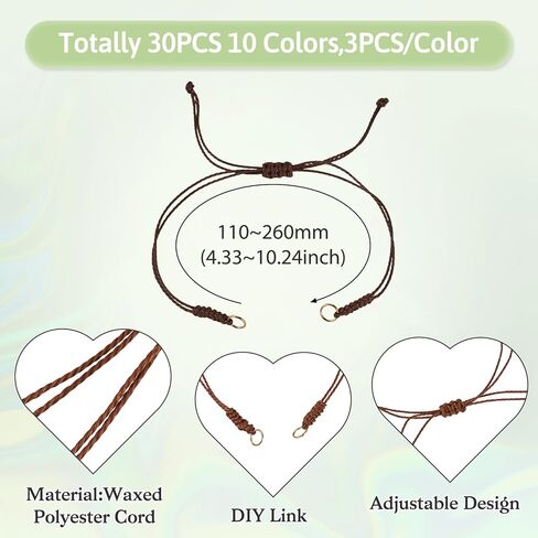 Kissitty 30Pcs Waxed Polyester Cord Adjustable Bracelet,Braided Adjustable Cord for Bracelet,Semi Finished Friendship Bracelet String,Knot Rope Handmade Braid String for Jewelry Making DIY Craft in Kuwait