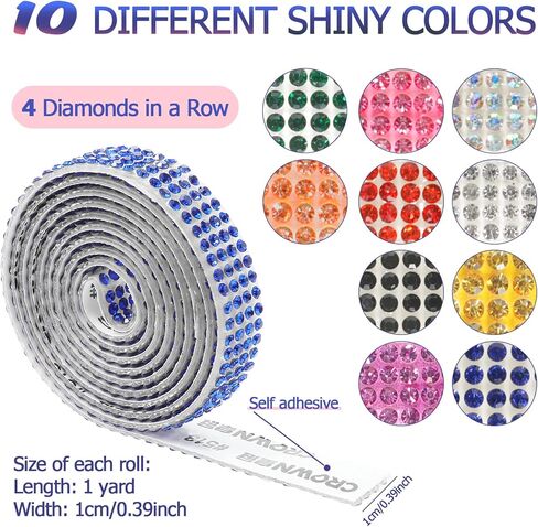 10 Rolls Self Adhesive Rhinestone Strip Bling Ribbon Crystal Diamond Sticker Decorative Red Blue Gold Pink Craft Roll Tape for DIY Shoes Car Phone (0.4 Inch Wide) in Kuwait