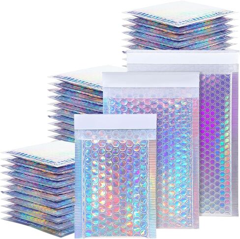50 Pack Bubble Mailers, Holographic Bubble Mailers with 3 Sizes, Waterproof Self Seal Adhesive Foil Glitter Glamour Shipping Bags for Mailing, Packing, Small Business, Jewelry Makeup Supplies in Kuwait