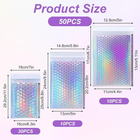 50 Pack Bubble Mailers, Holographic Bubble Mailers with 3 Sizes, Waterproof Self Seal Adhesive Foil Glitter Glamour Shipping Bags for Mailing, Packing, Small Business, Jewelry Makeup Supplies in Kuwait