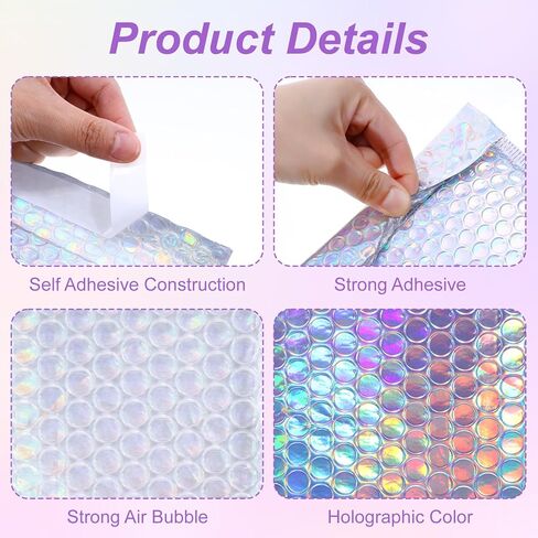 50 Pack Bubble Mailers, Holographic Bubble Mailers with 3 Sizes, Waterproof Self Seal Adhesive Foil Glitter Glamour Shipping Bags for Mailing, Packing, Small Business, Jewelry Makeup Supplies in Kuwait