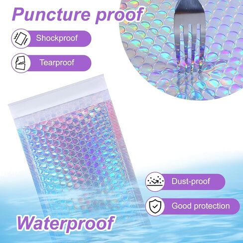 50 Pack Bubble Mailers, Holographic Bubble Mailers with 3 Sizes, Waterproof Self Seal Adhesive Foil Glitter Glamour Shipping Bags for Mailing, Packing, Small Business, Jewelry Makeup Supplies in Kuwait