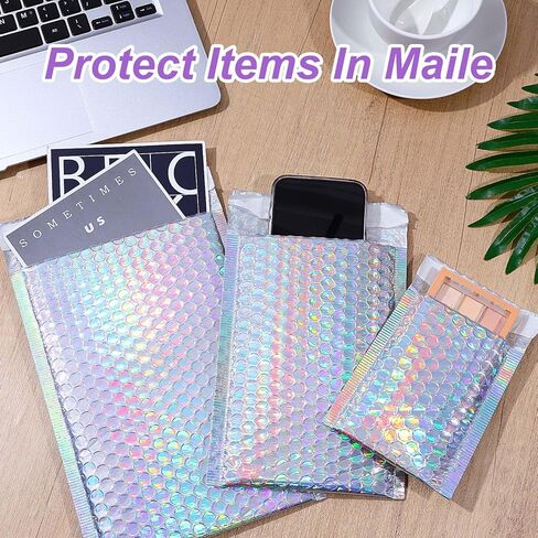 50 Pack Bubble Mailers, Holographic Bubble Mailers with 3 Sizes, Waterproof Self Seal Adhesive Foil Glitter Glamour Shipping Bags for Mailing, Packing, Small Business, Jewelry Makeup Supplies in Kuwait