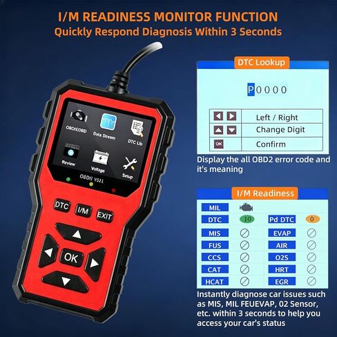 أداة تشخيص ماسح ضوئي OBD2 مطورة لعام 2026، قارئ رمز السيارة وماسح ضوئي لتشخيص السيارة، فحص قارئ رمز المحرك مع البيانات الحية، I/M، الوضع 6/8، جهد البطارية، قراءة رموز الأخطاء ومسحها (أحمر) in Kuwait