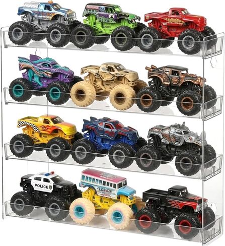 4 Tiers Monster Trucks Display Case Acrylic Transparent Monster Truck Organizers Storage Carrying Case Wall Mount Toy Car Holder Shelf Rack for Hot Wheels Matchbox Cars Room Decor in Kuwait