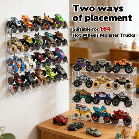 4 Tiers Monster Trucks Display Case Acrylic Transparent Monster Truck Organizers Storage Carrying Case Wall Mount Toy Car Holder Shelf Rack for Hot Wheels Matchbox Cars Room Decor in Kuwait