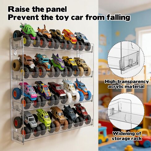 4 Tiers Monster Trucks Display Case Acrylic Transparent Monster Truck Organizers Storage Carrying Case Wall Mount Toy Car Holder Shelf Rack for Hot Wheels Matchbox Cars Room Decor in Kuwait